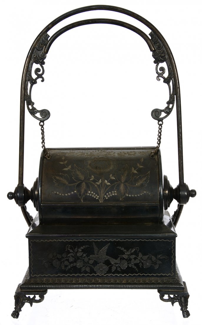 RARE 10 1/2" X 7" VICTORIAN MECHANICAL "ROGER & BRO": RARE 10 1/2" X 7" VICTORIAN MECHANICAL "ROGER & BRO" SILVERPLATE JEWEL CASKET PUSH HANDLE TO SLIDE CASKET OPEN AND LIFT LID - ORIGINAL FABRIC LINING
