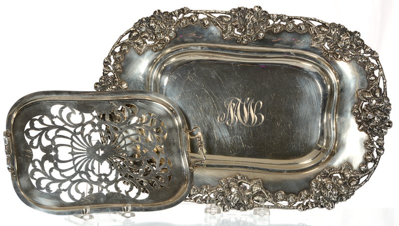 13 1/2" X 9 3/4" STERLING SERVING TRAY MARKED "THEODORE: 13 1/2" X 9 3/4" STERLING SERVING TRAY MARKED "THEODORE B. STARR" ELABORATE EMBOSSED FLORAL BORDER WITH HANDLED PIERCED REMOVABLE TRAY - TOTAL WEIGHT IS OVER 26 TROY OUNCES