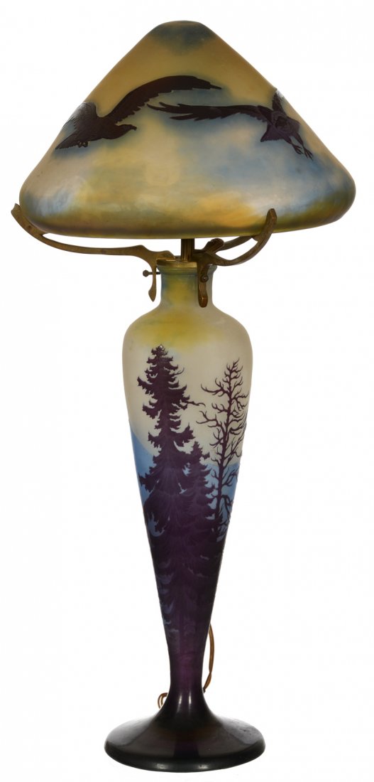 27" SIGNED GALLE FRENCH CAMEO ART GLASS TABLE LAMP: 27" SIGNED GALLE FRENCH CAMEO ART GLASS TABLE LAMP WHITE, YELLOW AND BLUE BACKGROUND WITH CAMEO CARVED LAVENDER TREE, LAKE, MOUNTAIN AND EAGLE SCENIC DECOR - SHADE DIAMETER IS 12"