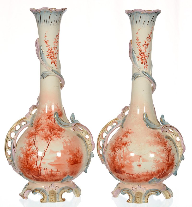 PAIR 16 1/2" MARKED ROYAL BONN FOOTED PORCELAIN VASES: PAIR 16 1/2" MARKED ROYAL BONN FOOTED PORCELAIN VASES WHITE WITH ORANGE CASTLE AND VILLAGE SCENIC DECOR - RETICULATED HANDLES - ONE VASE WITH LARGE RIM CHIP