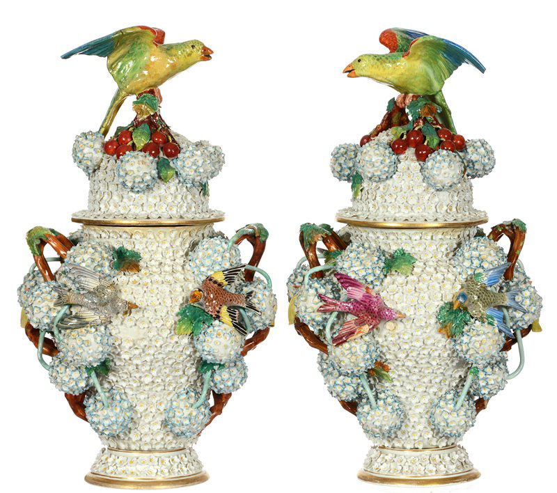 PAIR 20" FRENCH PORCELAIN COVERED URNS: PAIR 20" FRENCH PORCELAIN COVERED URNS COMPLETELY COVERED IN SNOWBALL FLORAL AND FIGURAL BIRD DECOR - BLUE MARK ON BASE IS FOUR CROSSED SWORDS ATTACHED - SHOWN IN "BOOK OF MEISSEN" PAGE 292 - ATTRIBUT