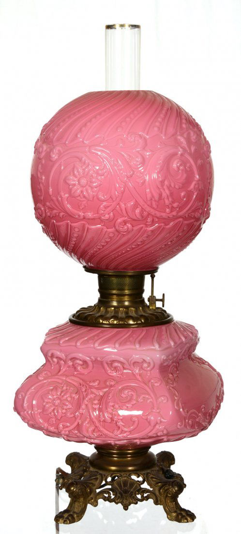 23" PINK CASED ART GLASS GONE WITH THE WIND LAMP: 23" PINK CASED ART GLASS GONE WITH THE WIND LAMP EMBOSSED FLORAL AND SCROLL MOLD - HAS BEEN ELECTRIFIED