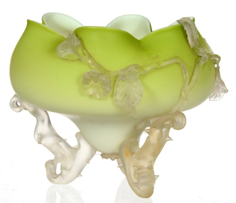 6" X 7" STEVENS AND WILLIAMS THREE FOOTED RUFFLED SATIN: 6" X 7" STEVENS AND WILLIAMS THREE FOOTED RUFFLED SATIN ART GLASS VASE GREEN AND WHITE SATIN BODY WITH FROSTED APPLIED GLASS THORN FEET - BLOSSOM AND BRANCH APPLIED DECOR - TWO BLOSSOMS MISSING