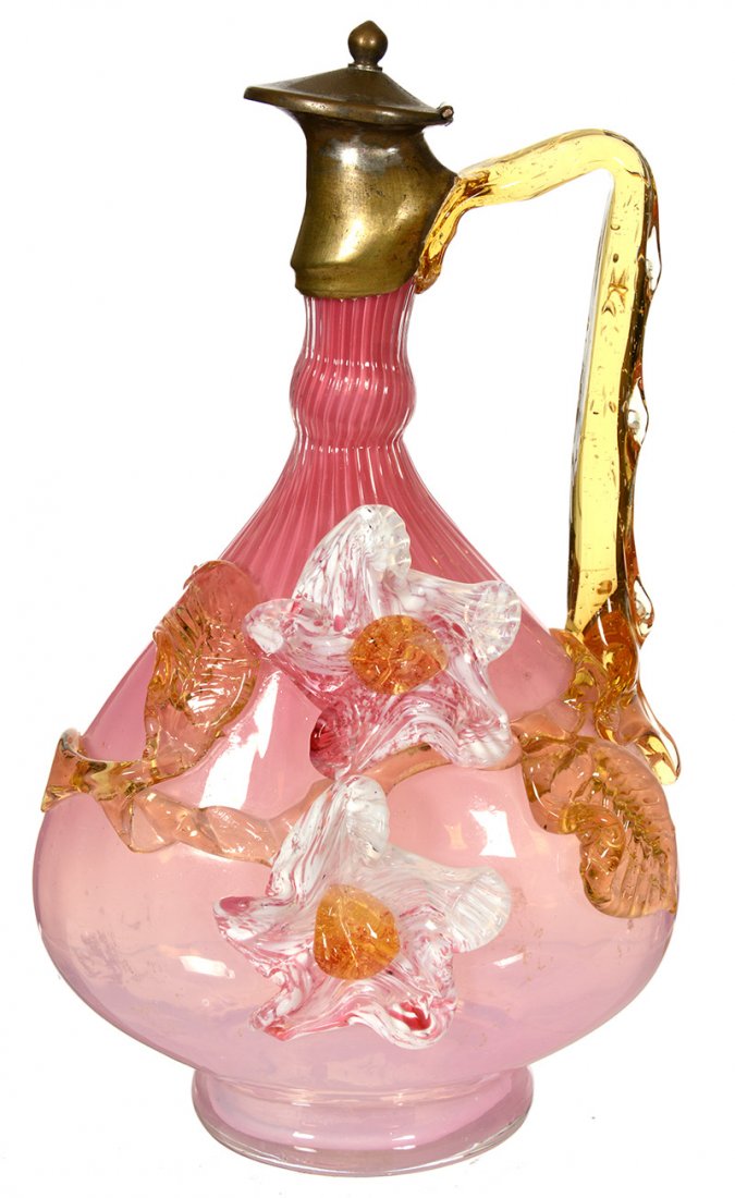 8 1/2" STEVENS AND WILLIAMS ART GLASS HANDLED JUG: 8 1/2" STEVENS AND WILLIAMS ART GLASS HANDLED JUG PINK OPALESCENT BACKGROUND WITH APPLIED AMBER BRANCH AND BLOSSOM DECOR - METAL SPOUT AND LID
