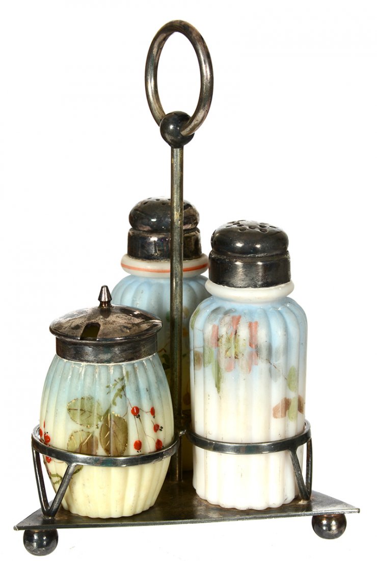 THREE PIECE UNMARKED MT. WASHINGTON ART GLASS SET ON: THREE PIECE UNMARKED MT. WASHINGTON ART GLASS SET ON SILVERPLATE STAND BLUE AND CREAM TONES WITH FLORAL DECOR