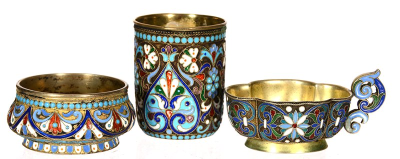 (3) RUSSIAN ENAMEL ITEMS: (3) RUSSIAN ENAMEL ITEMS (1) 2" SMALL DRINKING GLASS MARKED "84 NCT" - (1) 2 1/4" SALT DIP MARKED "88" & "HA" - (1) 2 3/4" SCALLOPED HANDLED CUP MARKED "84" PLUS A LONG CYRILLIC MARK