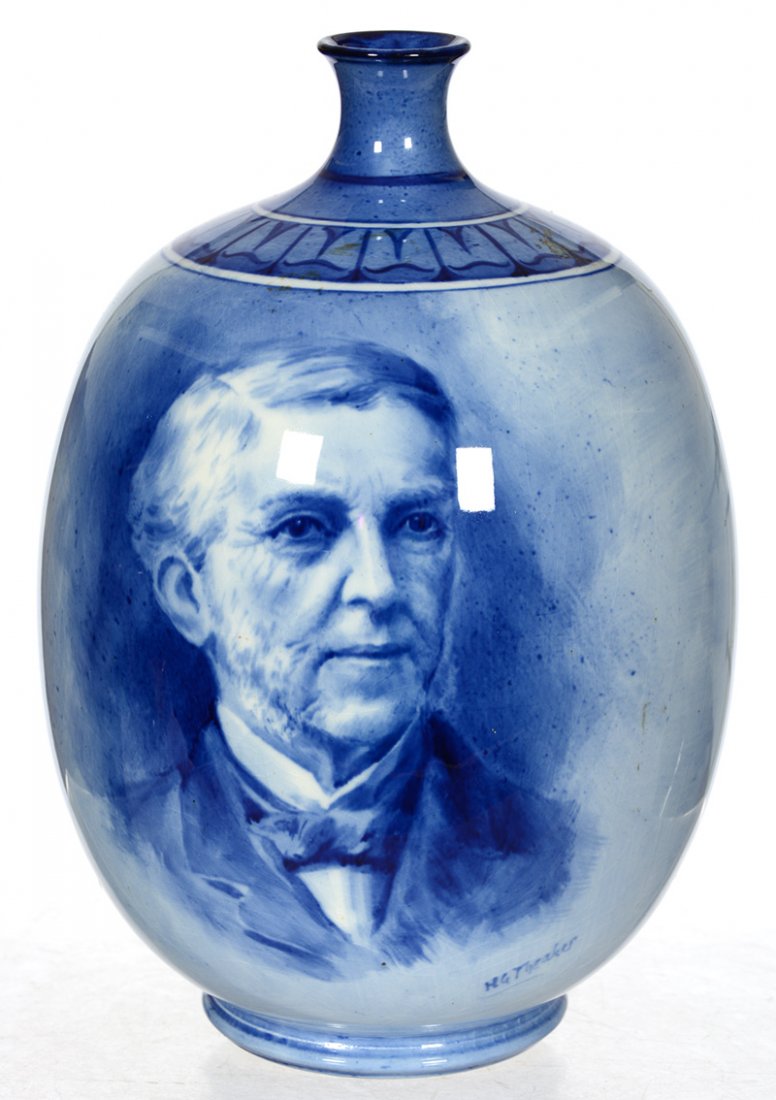 7 1/2" MARKED DOULTON BURSLEM FLOW BLUE PORCELAIN VASE: 7 1/2" MARKED DOULTON BURSLEM FLOW BLUE PORCELAIN VASE PORTRAIT OF OLD MAN TITLED "HOLMES" - ARTIST SIGNED "H.G. THEAKER"