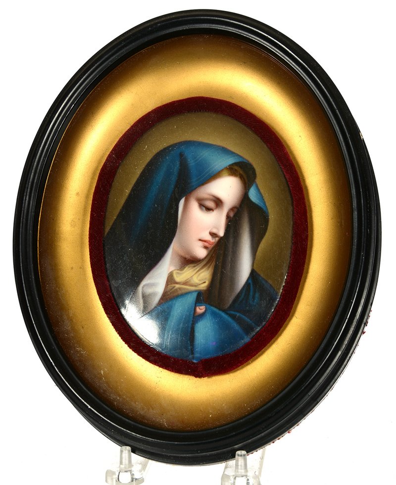 5 1/4" GERMAN HANDPAINTED PORCELAIN PLAQUE: 5 1/4" GERMAN HANDPAINTED PORCELAIN PLAQUE PORTRAIT OF MADONNA IN BLUE CLOAK - SET IN EBONY SHADOW BOX FRAME