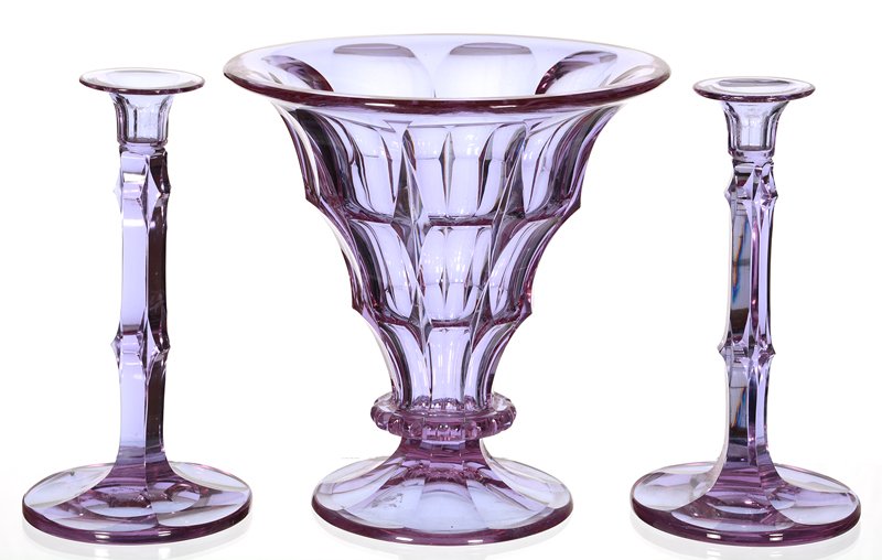 THREE PIECE SIGNED MOSER KARLSBAD (ALEXANDRITE) ART: THREE PIECE SIGNED MOSER KARLSBAD (ALEXANDRITE) ART GLASS CENTERPIECE SET 10 3/4" X 10 1/4" PEDESTAL FLARED BOWL AND (2) 10 1/2" MATCHING CANDLESTICK HOLDERS - RARE COLOR
