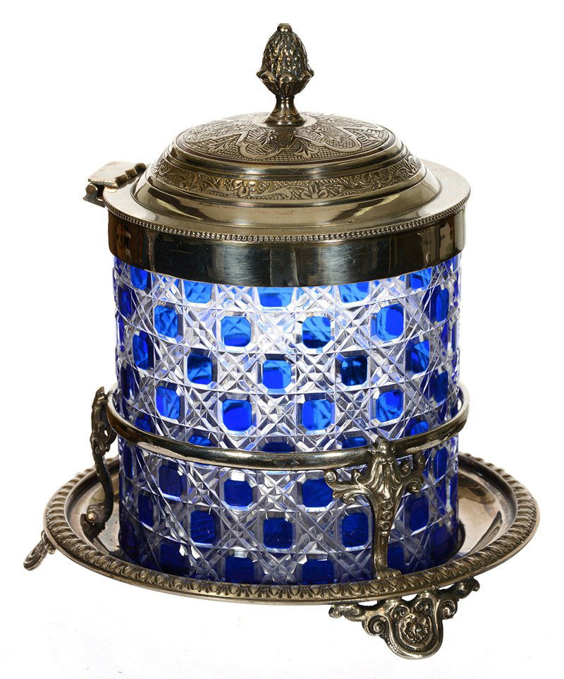 8" BLUE CUT TO CLEAR ENGLISH BISCUIT JAR SET ON