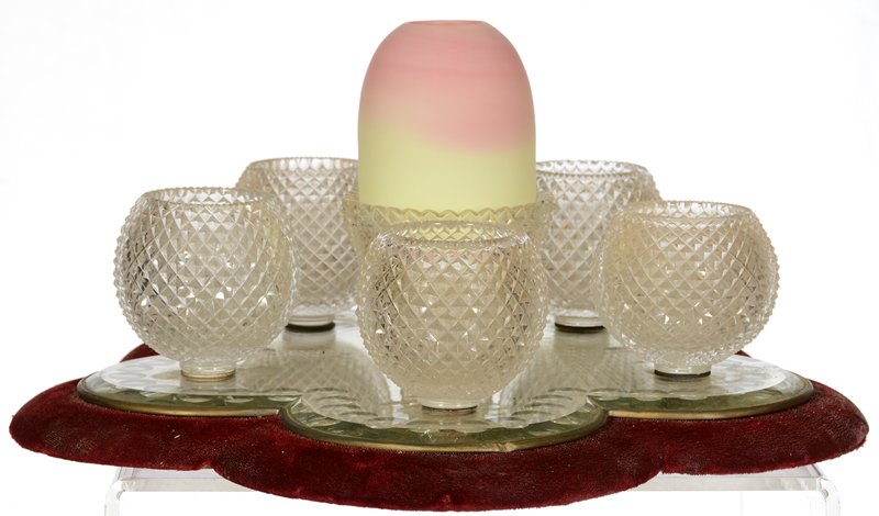 7" X 14" BURMESE ART GLASS FAIRY LAMP CENTERPIECE: 7" X 14" BURMESE ART GLASS FAIRY LAMP CENTERPIECE DISPLAY INCLUDES (1) MT. WASHINGTON BURMESE CENTER SHADE SET ON MARKED CLARKE CLEAR PATTERN GLASS HOLDER - SURROUNDED BY (5) BALL SHAPED PATTERN GLASS