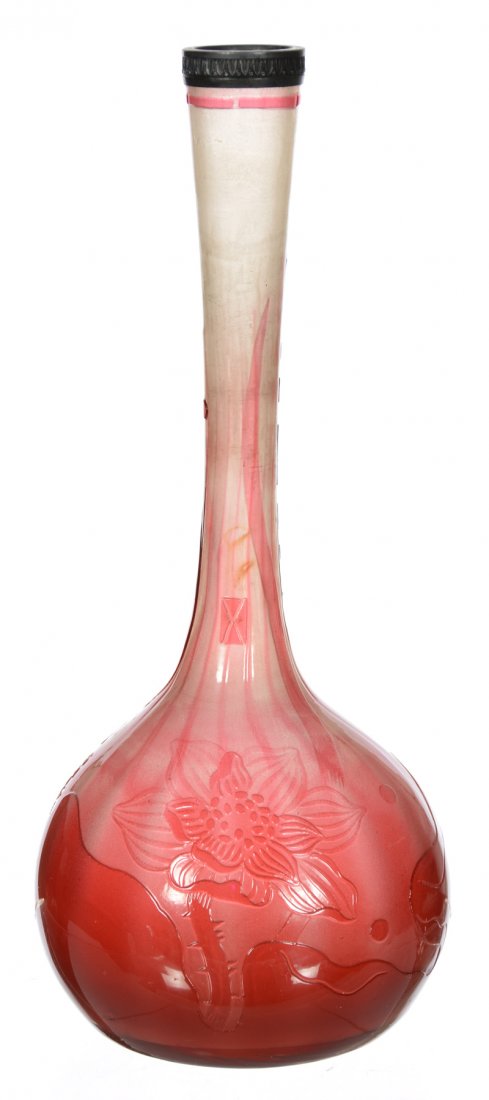 9" SIGNED GALLE FRENCH CAMEO ART GLASS VASE: 9" SIGNED GALLE FRENCH CAMEO ART GLASS VASE PINK AND WHITE WITH CAMEO CARVED FLORAL DECOR - FEATURES CAMEO CARVED "BON HEUR" WHICH TRANSLATES TO "GOOD HOUR" - ATTACHED SILVER RIM - FIRE POLISHED