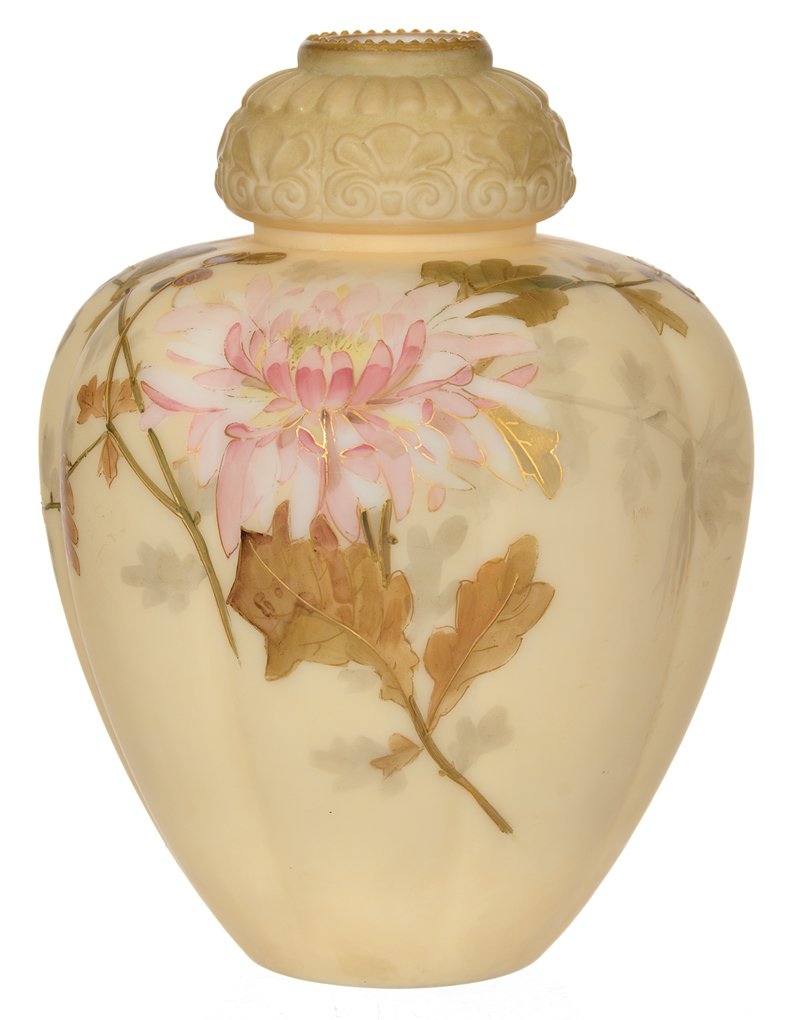 8 1/2" MARKED SMITH BROTHERS MELON RIBBED ART GLASS: 8 1/2" MARKED SMITH BROTHERS MELON RIBBED ART GLASS VASE CREAM TONES WITH PINK AND YELLOW FLORAL DECOR - GOLD TRIM HIGHLIGHTS