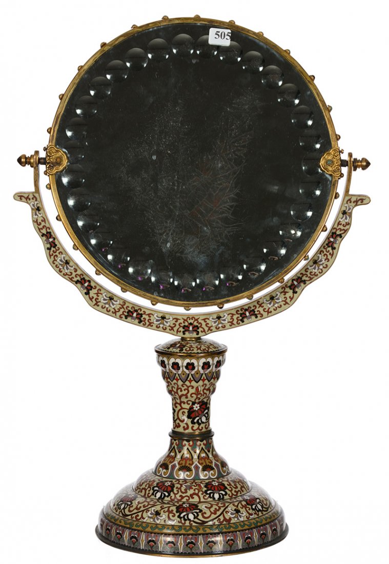 21" X 14 1/2" FRENCH CLOISONNE PEDESTAL ROUND VANITY: 21" X 14 1/2" FRENCH CLOISONNE PEDESTAL ROUND VANITY MIRROR MIRROR HAS ENGRAVED CRAYFISH DESIGN WITH CONVEX CIRCULAR MEDALLIONS HIGHLIGHTING MIRROR - BRASS TRIM ON MIRROR IS INSET WITH "JEWELS" - YOKE