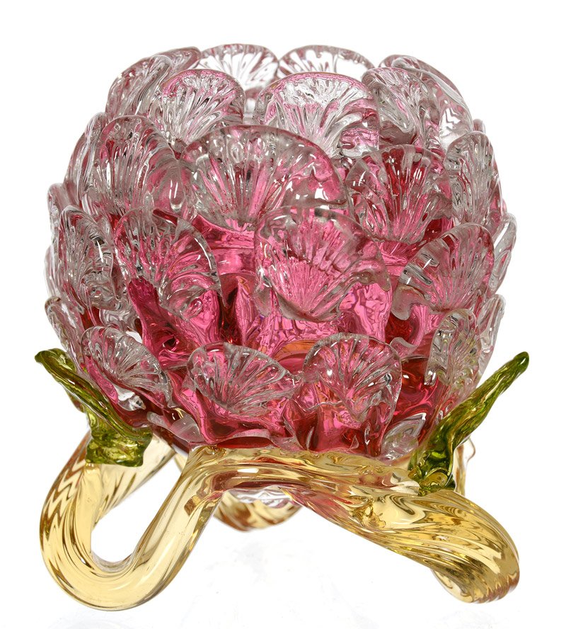3 3/4" STEVENS AND WILLIAMS STYLE ART GLASS FLOWER: 3 3/4" STEVENS AND WILLIAMS STYLE ART GLASS FLOWER BLOSSOM VASE CRANBERRY BODY WITH NUMEROUS CLEAR APPLIED PETALS - YELLOW THORN FEET AND GREEN LEAVES