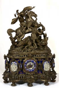 38" X 27" MUSEUM QUALITY FRENCH STATUE CLOCK: 38" X 27" MUSEUM QUALITY FRENCH STATUE CLOCK MAGNIFICENT COBALT BLUE PORCELAIN INSERTS W/ WHITE ENAMEL BATTLE SCENES ENCASED IN RETICULATED SILVER BASE - REMOVABLE FIGURAL SILVER TOP FEATURES MOUNTED