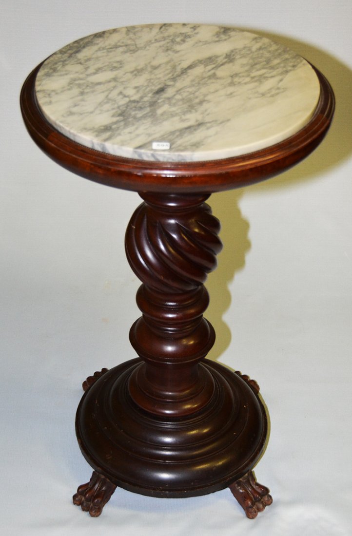 30" X 18 1/2" WOODEN CARVED WALNUT FERN STAND WITH: 30" X 18 1/2" WOODEN CARVED WALNUT FERN STAND WITH WHITE MARBLE INSERT THICK SPIRAL BALL SHAPE STEM - CARVED CLAW FEET