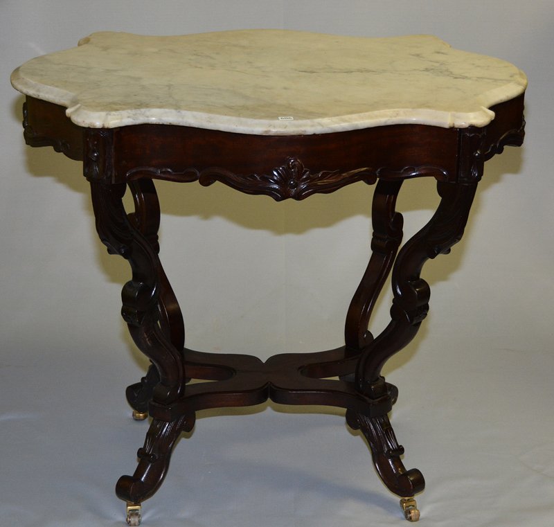 29" X 34 1/2" VICTORIAN TURTLE MARBLE TOP PARLOR TABLE: 29" X 34 1/2" VICTORIAN TURTLE MARBLE TOP PARLOR TABLE DARK MAHOGANY COLOR BASE - WHITE MARBLE TOP