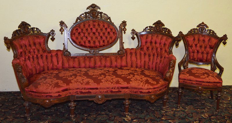 FANTASTIC 47" X 81" CARVED BURL WALNUT COUCH WITH: FANTASTIC 47" X 81" CARVED BURL WALNUT COUCH WITH MATCHING SIDE CHAIR FANCY CARVED BUST WITH LEAF HIGHLIGHTS - ATTRIBUTED TO JOHN JELLIFF - WONDERFUL RED FABRIC - MUST SEE