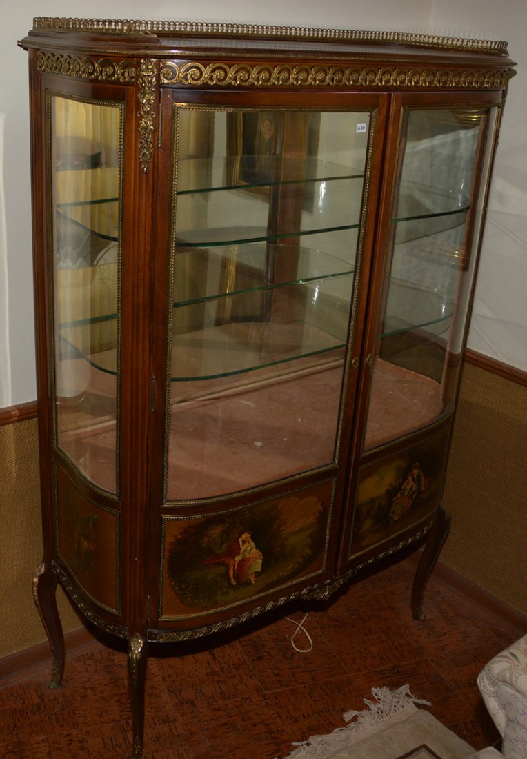 59" X 39" X 17" FRENCH TWO DOOR LIGHTED DISPLAY CABINET: 59" X 39" X 17" FRENCH TWO DOOR LIGHTED DISPLAY CABINET HAND PAINTED COURTING SCENES ON DOORS - GILT METAL TRIM PIECES - MIRROR BACK - TWO GLASS SHELVES