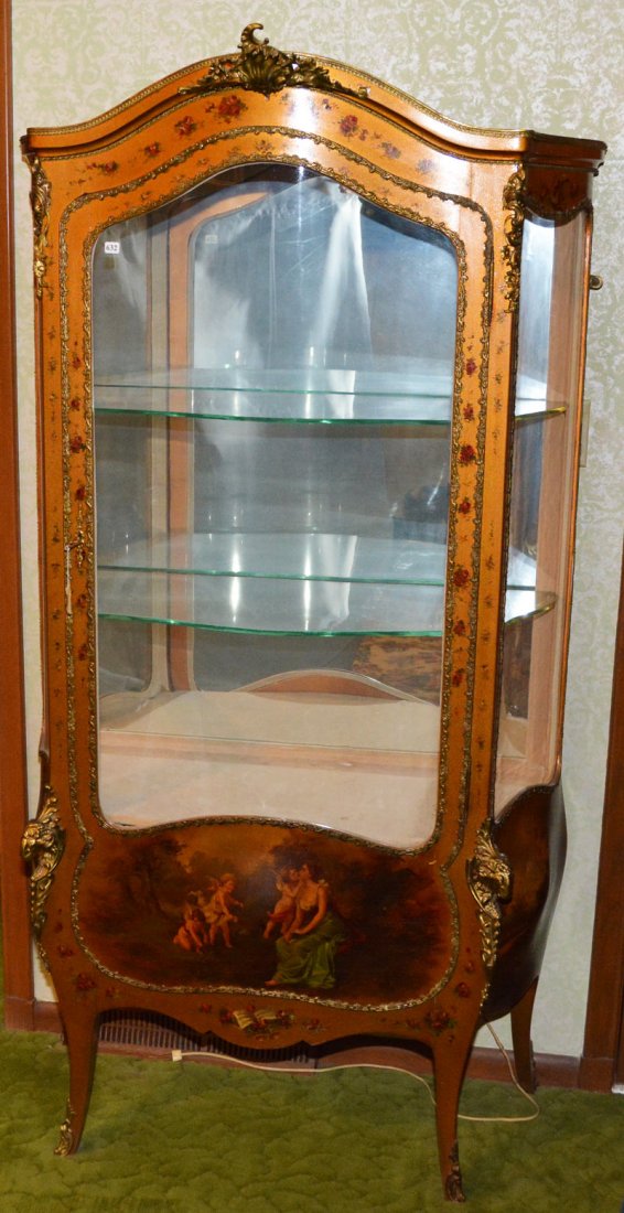 72" X 38" X 18" FRENCH LIGHTED DISPLAY CABINET: 72" X 38" X 18" FRENCH LIGHTED DISPLAY CABINET GOLD WITH HAND PAINTED CLASSICAL SCENE WITH WOMAN AND THREE CHERUBS - NICE FLORAL HIGHLIGHTS - RAMS HEAD COLUMNS - MIRROR BACK - TWO GLASS SHELVES
