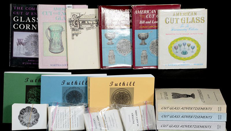(14) ASSORTED BOOKS ABOUT CUT GLASS: (14) ASSORTED BOOKS ABOUT CUT GLASS TUTHILL'S RESEARCH SCRAPBOOK, VOL. 1, 2, & 3 - CUT GLASS ADVERTISEMENTS, VOL. 1 THRU 4 - CUT & ENGRAVED GLASS OF CORNING - AMERICAN CUT & ENGRAVED GLASS BY SWAN - C