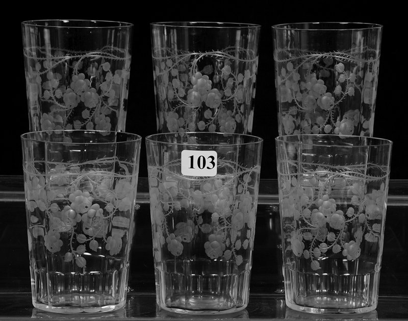 (6) TUMBLERS, 4 1/4", ABCG: (6) TUMBLERS, 4 1/4", ABCG NICELY ENGRAVED ROSE BRANCH DECOR WITH PATTERN CUT BASES