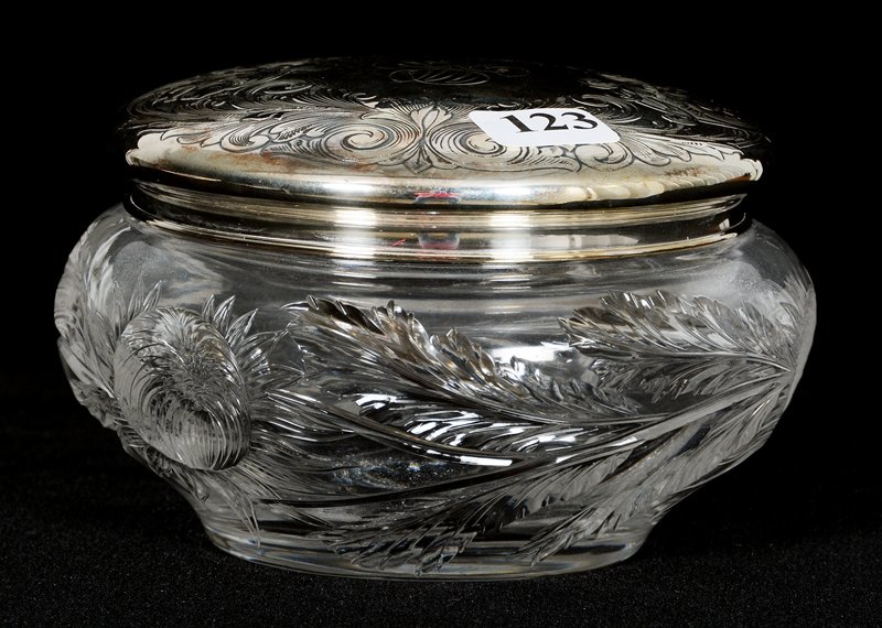 POWDER BOX, 3" X 5", ABCG, SIGNED HAWKES GRAVIC GLASS: POWDER BOX, 3" X 5", ABCG, SIGNED HAWKES GRAVIC GLASS DEEPLY ENGRAVED CHRYSANTHEMUM DECOR - GORHAM STERLING ENGRAVED LID - PATTERN AND SILVER MATCH LOT #247