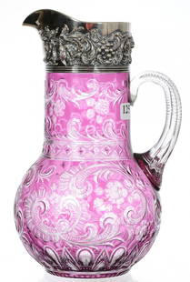 FABULOUS WATER PITCHER, AMETHYST CUT TO CLEAR WITH: FABULOUS WATER PITCHER, AMETHYST CUT TO CLEAR WITH STERLING COLLAR, 10", ABPCG WONDERFULLY ENGRAVED FLORAL AND ROCOCO DESIGNS - ORNATE EMBOSSED VINTAGE STERLING COLLAR MARKED "J.E. CALDWELL"