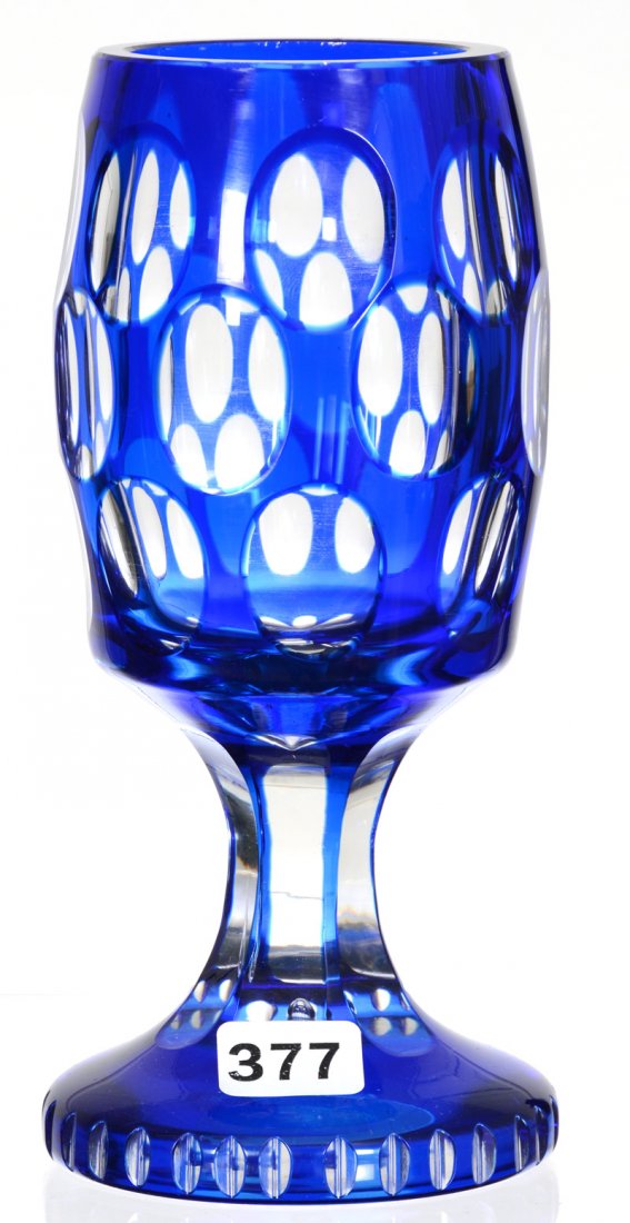 GOBLET/CHALICE, CLEAR WITH BLUE OVERLAY, 6 3/4": GOBLET/CHALICE, CLEAR WITH BLUE OVERLAY, 6 3/4" THOUSAND EYE PATTERN - RESEMBLES BOSTON & SANDWICH