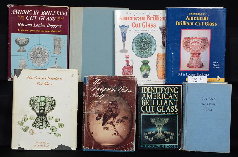 (8) BOOKS ABOUT AMERICAN BRILLIANT CUT GLASS: (8) BOOKS ABOUT AMERICAN BRILLIANT CUT GLASS CUT & ENGRAVED GLASS BY DANIEL - IDENTIFYING AMERICAN BRILLIANT CUT GLASS BY BOGGESS - PAIRPOINT STORY BY AVILA - (2) AMERICAN BRILLIANT CUT GLASS BY BOGGE