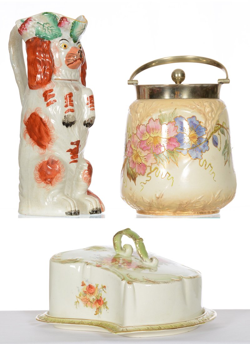 BOX LOT: BOX LOT (3) CERAMIC ITEMS INCLUDING - (1) 5 1/2" X 8 1/2" MARKED STOKE ON TRENT SHIELD SHAPE CHEESE DISH - (1) 7 1/2" MARKED BONN GERMANY BISCUIT JAR - (1) 10 1/4" UNMARKED STAFFORDSHIRE FIGURAL SPANI