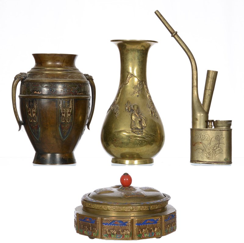 BOX LOT: BOX LOT (4) ASSORTED ORIENTAL BRASS ITEMS: (1) 10 1/2" OIL LAMP/CONTAINER - (1) 8 1/4" EMBOSSED BRASS VASE - (1) 7 1/2" TWO HANDLED EARLY CLOISONNE VASE - (1) 7" ROUND COVERED BOX WITH ENAMEL HIGHLIGH