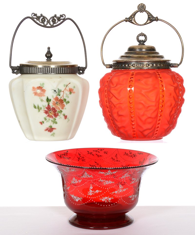 BOX LOT: BOX LOT (3) ART GLASS ITEMS: (1) 8 1/2" RED SATIN BEADED DRAPE BISCUIT JAR - (1) 7" WHITE SATIN BISCUIT JAR WITH FLORAL DECOR - (1) 5 1/4" X 9" CONTEMPORARY PAIRPOINT PIGEON BLOOD BOWL