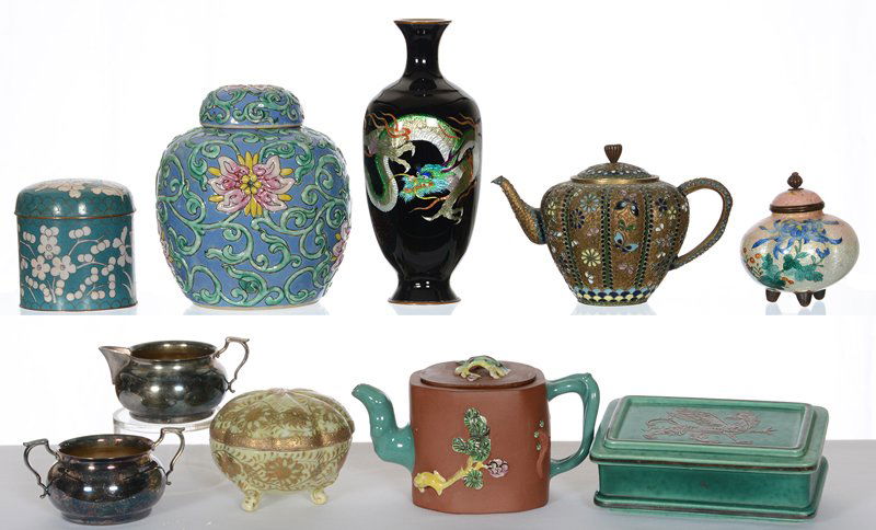 BOX LOT: BOX LOT (10) ASSORTED ITEMS: (1) 7 1/4" BLACK CLOISONNE VASE WITH DRAGON DECOR - (1) 4" METAL & ENAMEL TEAPOT DONE IN STYLE OF RUSSIAN ENAMEL - SILVERPLATE CREAMER AND SUGAR - (1) SWEDISH GUSTAVSBERG