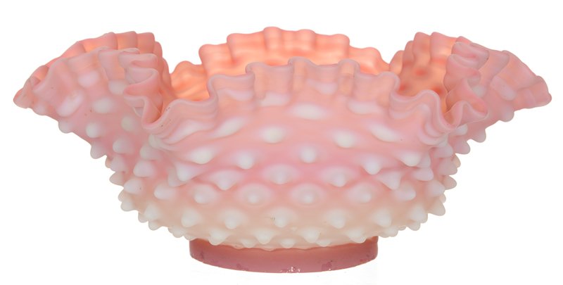 5" X 12" RUFFLED PINK AND WHITE OPALESCENT HOBNAIL ART: 5" X 12" RUFFLED PINK AND WHITE OPALESCENT HOBNAIL ART GLASS BRIDES BASKET 4 1/4" BASE DIAMETER - MINOR BASE ROUGHNESS