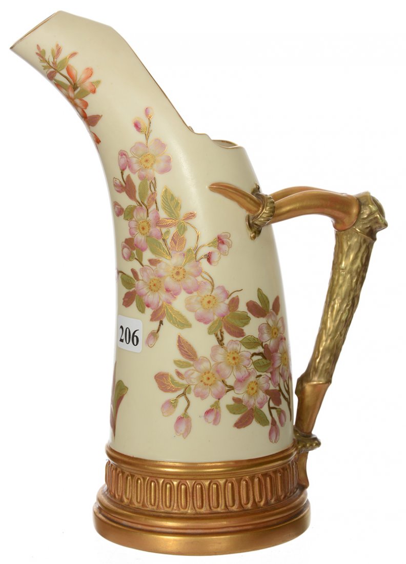 10" ROYAL WORCESTER #1116 TUSK SHAPED PITCHER: 10" ROYAL WORCESTER #1116 TUSK SHAPED PITCHER CREAM WITH FLORAL DECOR