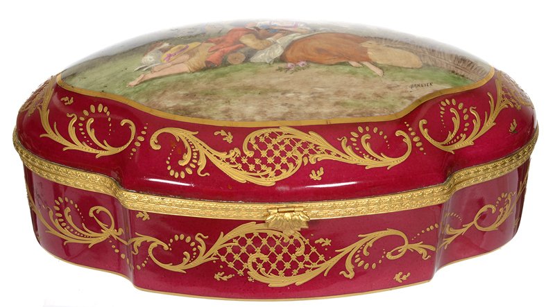 5 1/2" X 13 1/2" MARKED SEVRES HINGED DRESSER BOX: 5 1/2" X 13 1/2" MARKED SEVRES HINGED DRESSER BOX MAROON BORDER WITH GOLD ENAMEL HIGHLIGHTS - HANDPAINTED COURTING SCENE - ARTIST SIGNED "GARNIER"