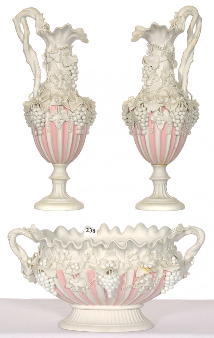 THREE PIECE WHITE PARIAN BISQUE WITH PINK PANELS: THREE PIECE WHITE PARIAN BISQUE WITH PINK PANELS 6 1/2" X 13" BOWL WITH (2) MATCHING 13 1/2" PEDESTAL EWERS - ELABORATE VINTAGE DECOR