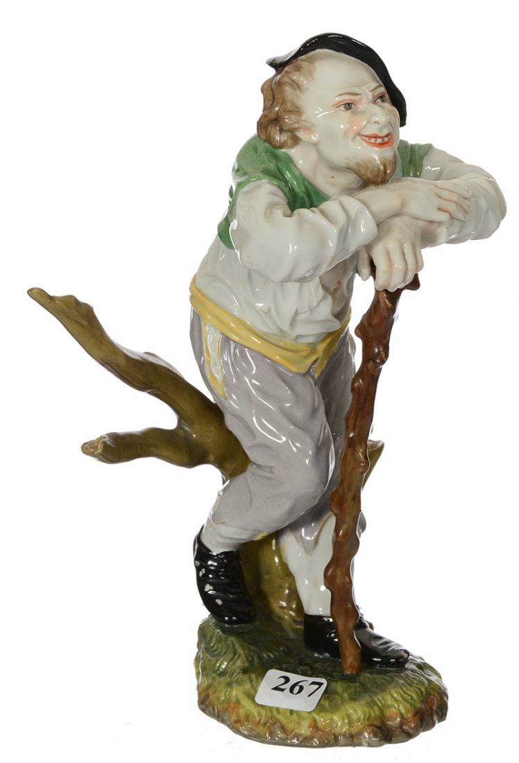 9 1/2" MEISSEN STYLE FIGURE: 9 1/2" MEISSEN STYLE FIGURE VAGABOND LEANING ON KNOBBY WALKING STICK - DOES HAVE BLUE "WAGON WHEEL" MARK