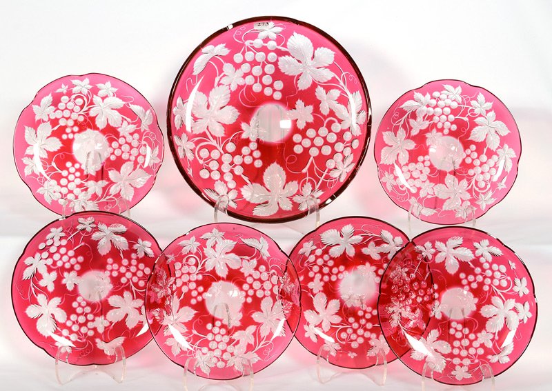 SEVEN PIECE CRANBERRY CUT TO CLEAR DESSERT SET: SEVEN PIECE CRANBERRY CUT TO CLEAR DESSERT SET 12" ROUND TRAY WITH (6) MATCHING 8 1/2" PLATES - FINELY ENGRAVED VINTAGE MOTIF - ATTRIBUTED TO STEVENS AND WILLIAMS