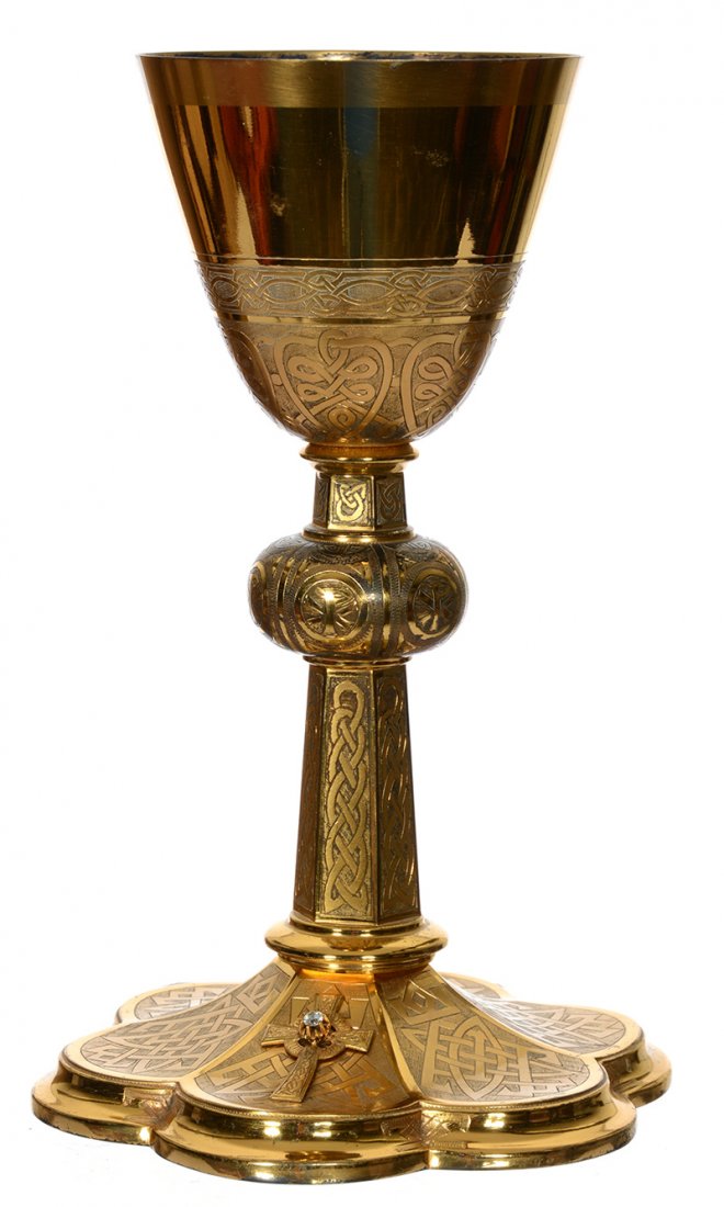 9 1/4" RUSSIAN GILT METAL RELIGIOUS CHALICE: 9 1/4" RUSSIAN GILT METAL RELIGIOUS CHALICE NO VISIBLE MARKS - INSCRIBED DESIGNS WITH APPLIED CROSS WHICH HAS A DIAMOND AT CENTER