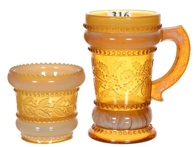 PAIR ORIGINAL GREENTOWN "HOLLY AMBER" PATTERN ITEMS: PAIR ORIGINAL GREENTOWN "HOLLY AMBER" PATTERN ITEMS (1) 2 1/2" TOOTHPICK HOLDER - (1) 4 1/2" HANDLED MUG