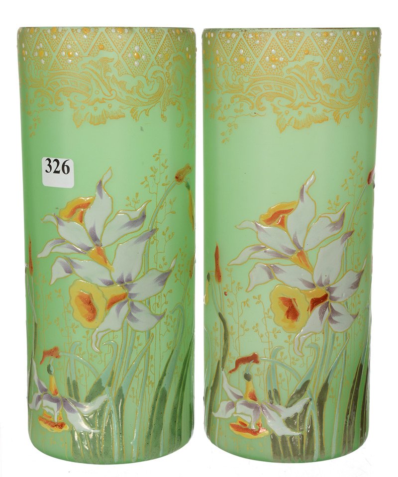 PAIR 9 1/2" FROSTED GREEN ART GLASS VASES: PAIR 9 1/2" FROSTED GREEN ART GLASS VASES MONT JOYE STYLE WITH ENAMEL DAFFODIL DECOR - MINOR INTERIOR ROUGHNESS AROUND RIMS