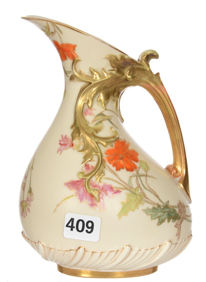 6 1/2" ROYAL WORCESTER #1439 HANDLED JUG: 6 1/2" ROYAL WORCESTER #1439 HANDLED JUG CREAM TONES WITH GREEN AND GOLD HIGHLIGHTS - MULTI COLOR FLORAL DECOR