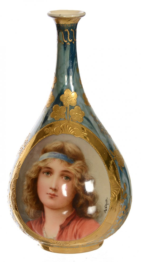 5 1/4" BEEHIVE MARKED TEAR DROP PORCELAIN VASE: 5 1/4" BEEHIVE MARKED TEAR DROP PORCELAIN VASE GREEN SWIRL LUSTRE FINISH BACKGROUND WITH HEAVY GOLD HIGHLIGHTS - PORTRAIT OF YOUNG GIRL "SOMMER" - ARTIST SIGNED WAGNER - DOES HAVE SERIOUS REPAIR TO TO