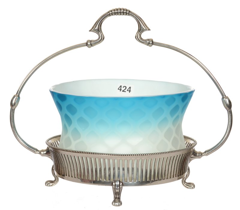 8 1/4" X 10" BRIDES BASKET: 8 1/4" X 10" BRIDES BASKET BLUE SATIN DIAMOND QUILTED MOTHER OF PEARL CORSET SHAPED ART GLASS BOWL - SET ON PAIRPOINT SILVERPLATE FRAME