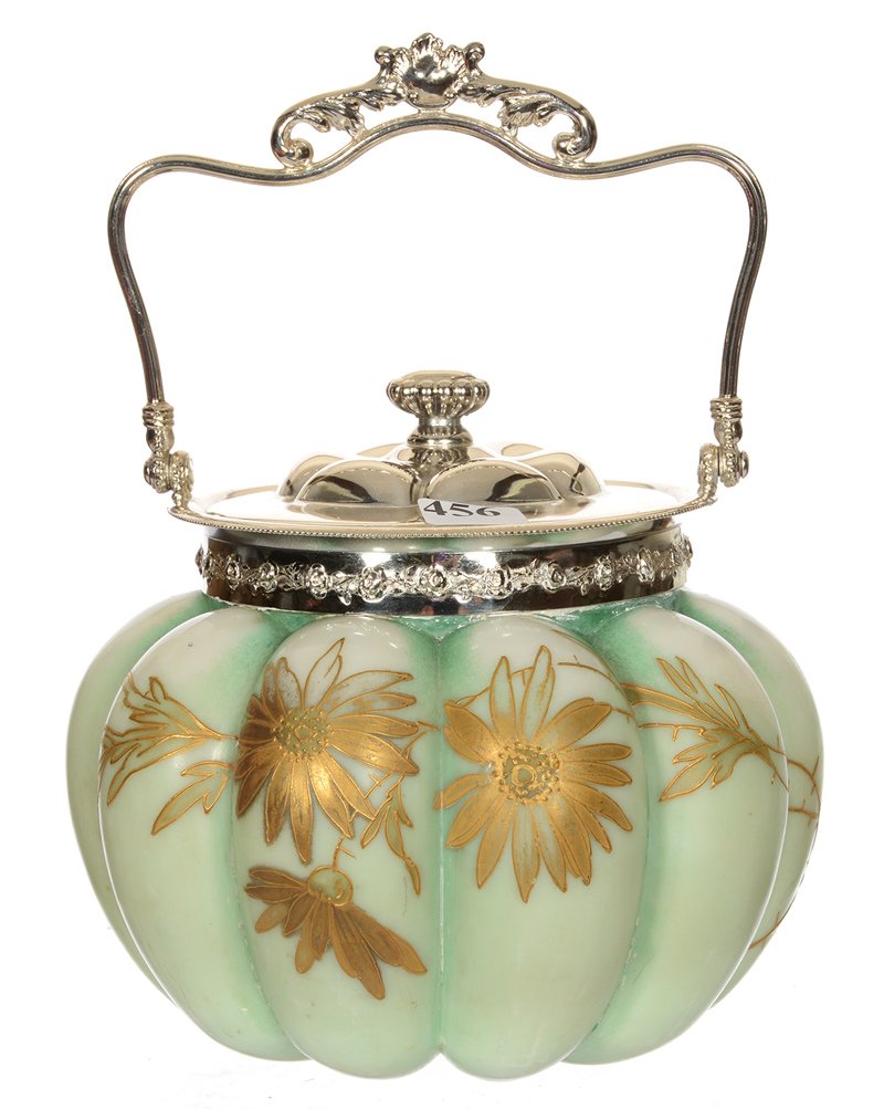 6" MARKED PAIRPOINT MELON RIBBED ART GLASS BISCUIT JAR: 6" MARKED PAIRPOINT MELON RIBBED ART GLASS BISCUIT JAR GREEN AND WHITE WITH GOLD ENAMEL FLORAL DECOR - SILVERPLATE LID AND BAIL