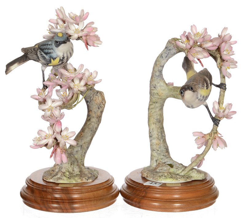 PAIR 9 1/2" MARKED ROYAL WORCESTER FIGURAL GROUPS: PAIR 9 1/2" MARKED ROYAL WORCESTER FIGURAL GROUPS MYRTLE WARBLER MALE (#4) AND FEMALE (#4A)
