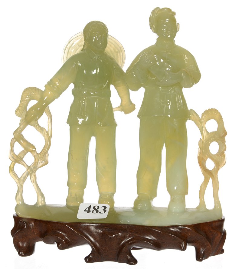 7 1/4" CARVED JADE GROUP ON TEAK WOOD STAND: 7 1/4" CARVED JADE GROUP ON TEAK WOOD STAND STANDING ORIENTAL FIGURES OF MAN AND WOMAN